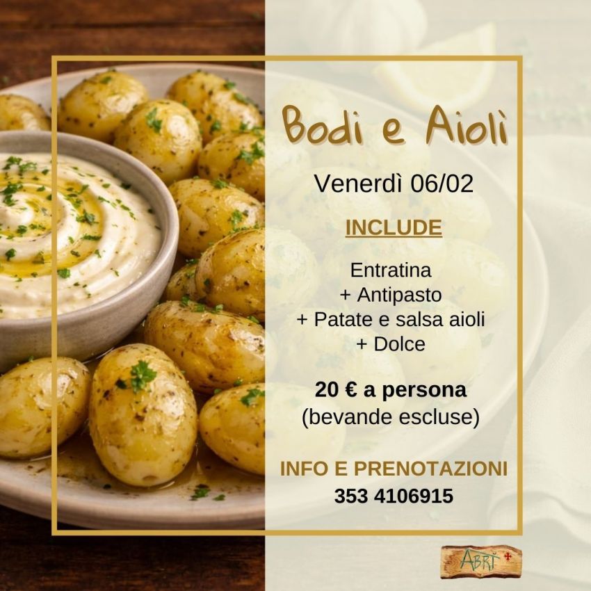 SERATE GASTRONOMICHE ALL'ABRI' - Bodi e aiolì - Via Vittorio Nazzari, 3, Pradleves (CN) - 
Le serate gastronomiche di febbraio iniziano 𝘃𝗲𝗻𝗲𝗿𝗱ì 𝟲 𝗳𝗲𝗯𝗯𝗿𝗮𝗶𝗼, dove ti verrà proposto 𝗕𝗼𝗱𝗶 𝗲 𝗮𝗶𝗼𝗹ì: entratina, antipasto, bodi con salsa aiolì e do...