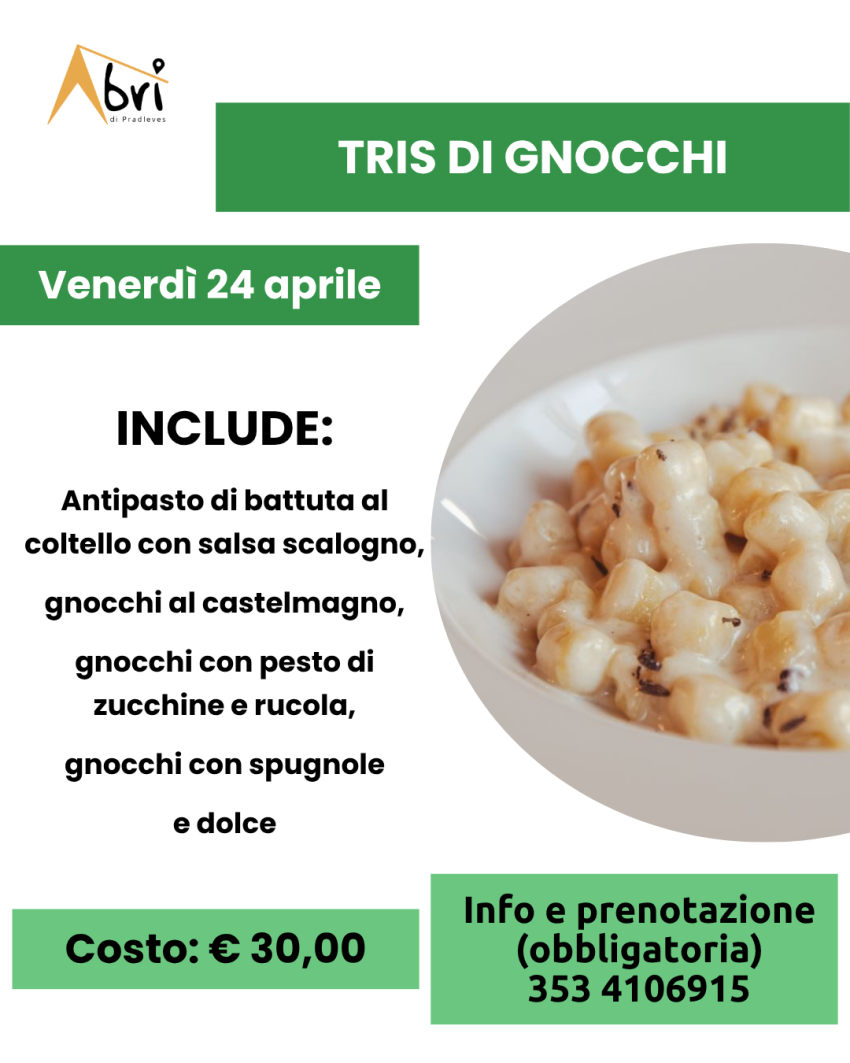 SERATE GASTRONOMICHE ALL'ABRI' - Tris di gnocchi - Via Vittorio Nazzari, 3, Pradleves (CN) - 
 𝗧𝗿𝗶𝘀 𝗱𝗶 𝗴𝗻𝗼𝗰𝗰𝗵𝗶
 Venerdì 24 aprile 2026
 


Concludiamo in bellezza con una cena local e sfiziosa...
Ti proponiamo, infatti, battuta al coltello con...