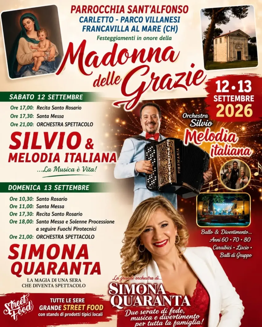 Festeggiamenti Madonna delle Grazie - Parco Villanesi, Francavilla al Mare (CH) - 📍 Segnatevi queste date: 12 e 13 settembre, al Parco Villanesi.La Parrocchia Sant’Alfonso celebra la Madonna delle Grazie con due giornate all'insegn...