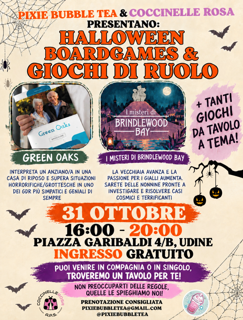 HALLOWEEN BOARDGAMES: GDR e GIOCHI DA TAVOLO da PIXIE BUBBLE TEA con le COCCINELLE ROSA - Piazza Garibaldi 4/B, Udine (UD) - 🎃👻 HALLOWEEN DA PIXIE BUBBLE TEA CON LE COCCINELLE ROSA: GIOCHI DA TAVOLO & GIOCHI DI RUOLO! 🦇🕸️
La notte più spaventosa dell’anno si avvicina… e n...