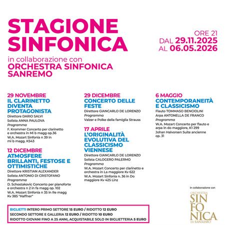 Concerto delle Feste - Teatro Cavour, Via Felice Cascione, 35, Imperia (IM) - Stagione sinfonica
In collaborazione con Orchestra Sinfonica Sanremo
Sabato 29 Novembre 2025 ore 21.00 Teatro Cavour, Via Felice Cascione, 35
29 DI...