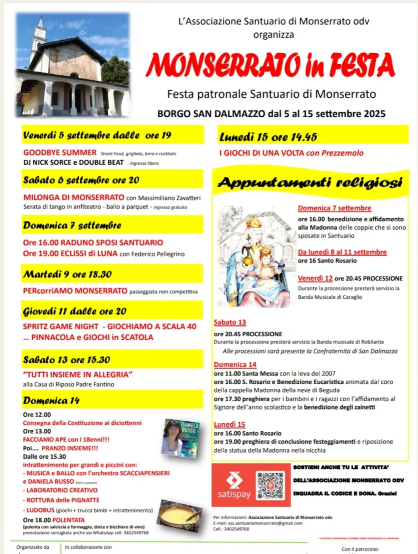 MONSERRATO in Festa - Santuario di Monserrato, Borgo San Dalmazzo (CN) - Monserrato in Festa 2025 – Borgo San Dalmazzo
Dal 5 al 15 settembre 2025 torna la tradizionale Festa Patronale di Monserrato a Borgo San Dalmazzo, con...