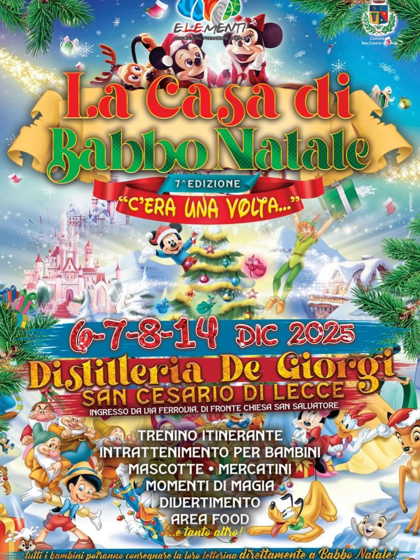 La Casa di Babbo Natale - storica Distilleria De Giorgi a San Cesario, San Cesario di Lecce (LE) - 🎅 La Casa di Babbo Natale 2025: C'era una volta... Torna la Magia a San Cesario di Lecce!
 
Sei pronto a tuffarti nella vera magia del Natale nel Sal...