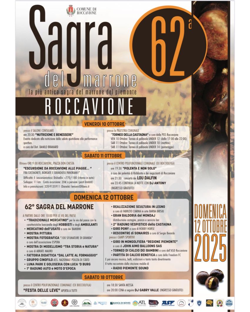 Sagra del Marrone - Salone comunale, Roccavione (CN) - 62ª Sagra del Marrone di Roccavione 2025 – Programma, Eventi e Tradizione
La Sagra del Marrone di Roccavione torna anche quest’anno con la sua 62ª edi...