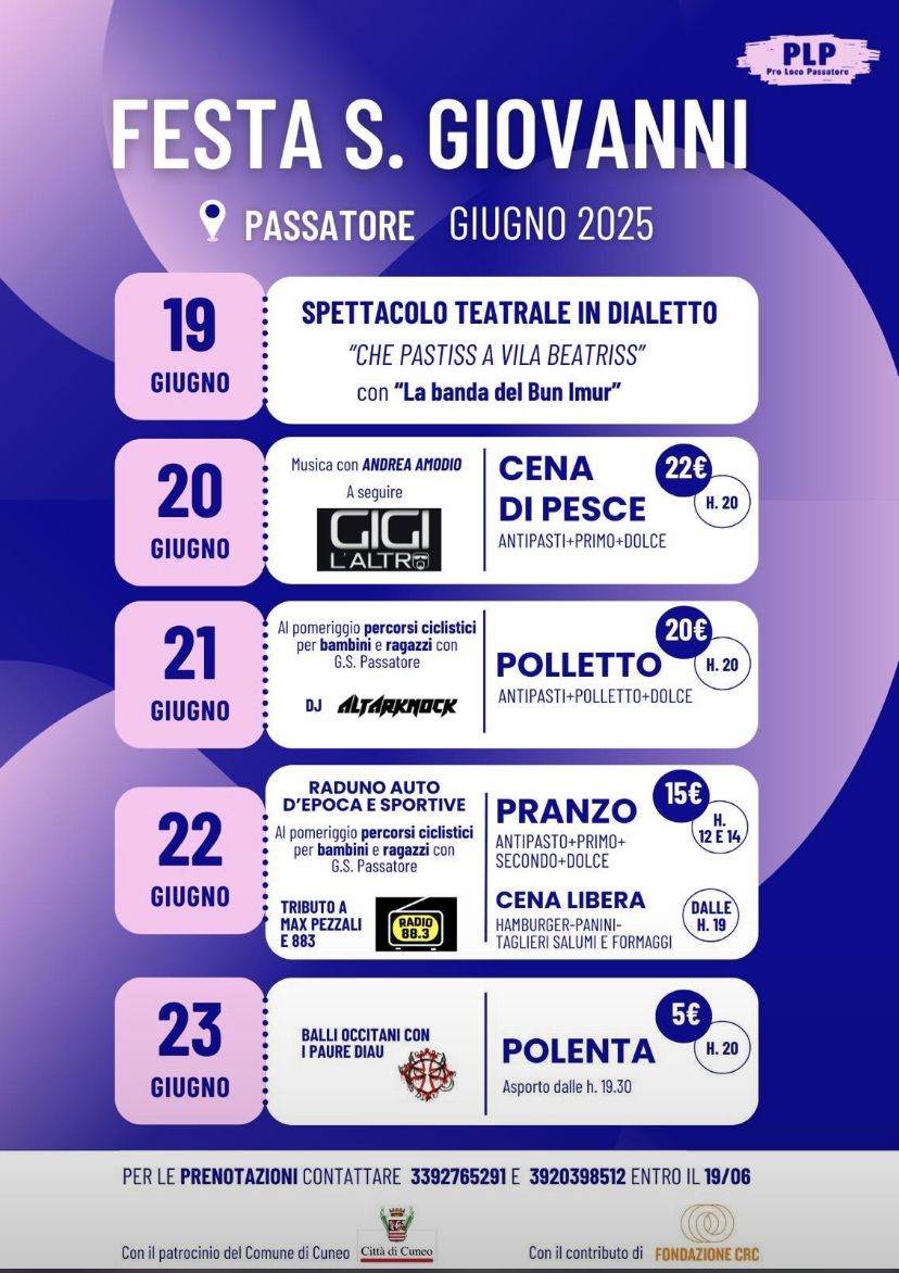 Festa di San Giovanni - Passatore , Cuneo (CN) - Ecco a voi il programma della festa di San Giovanni a Passatore!!☀️
vi aspettiamo numerosi per fare festa con noi!!🍻