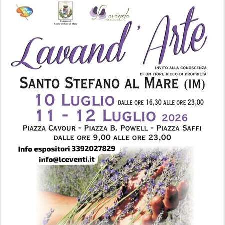 Lavand' Arte - Centro citta', Santo Stefano al Mare (IM) - Lavand' Arte  
invito alla conoscenza di un fiore ricco di proprietà  
Santo Stefano al Mare (IM)  
10 Luglio dalle ore 16,30 alle ore 23,00  
11...