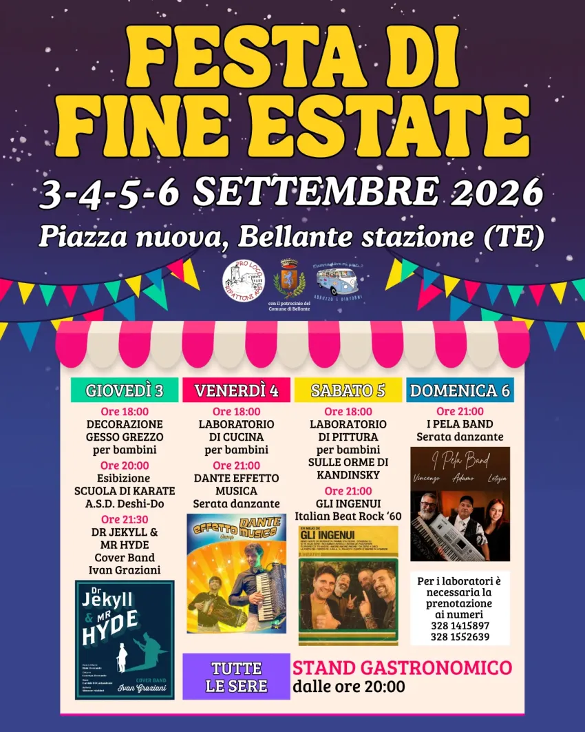 FESTA DI FINE ESTATE - Piazza nuova (alla fine di Via Fratelli Cervi), Bellante (TE) - 👧LABORATORI PER BAMBINI👦🖌Creatività, divertimento e fantasia per salutare insieme l'estate!🎨👉Per la partecipazione ai laboratori, è necessaria la...