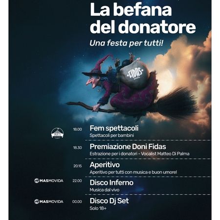 La befana del donatore - Piazza Marinai D’Italia, Molo San Lazzaro, Imperia (IM) - 5 Gennaio  
Piazza Marinai D’Italia, Molo San Lazzaro  
La befana del donatore  
Una festa per tutti!  
18.00  
Fem spettacoli  
Spettacoli per...