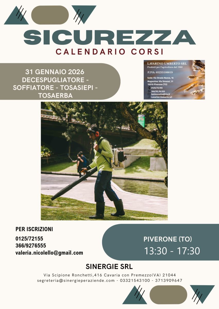 Corso Sicurezza Attrezzature da Giardino – Piverone (TO) – 31 Gennaio 2026 - Via Strazza 31, Piverone, 10010 (TO), Piverone (TO) - Corso Sicurezza Attrezzature da Giardino – Piverone (TO) – 31 Gennaio 2026
Partecipa al corso teorico e pratico sull’uso sicuro di decespugliatore, so...