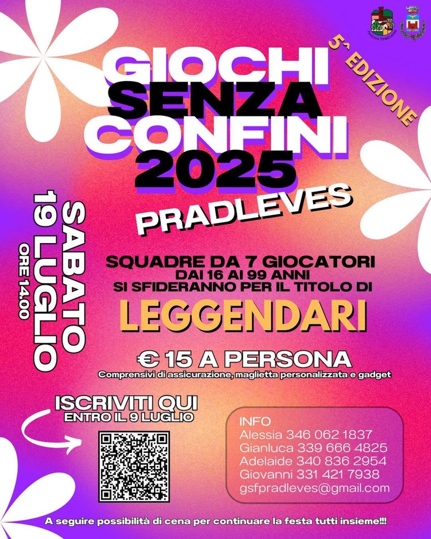 GIOCHI SENZA CONFINI 2025 - 5a edizione - Centro città di Pradleves, Pradleves (CN) - 📢 LEGGENDARI! 📢Siamo giunti alla 5a edizione dei GIOCHI SENZA CONFINI: una giornata di sport, risate e taaanto divertimento! 🤺Cosa stai aspettando?...