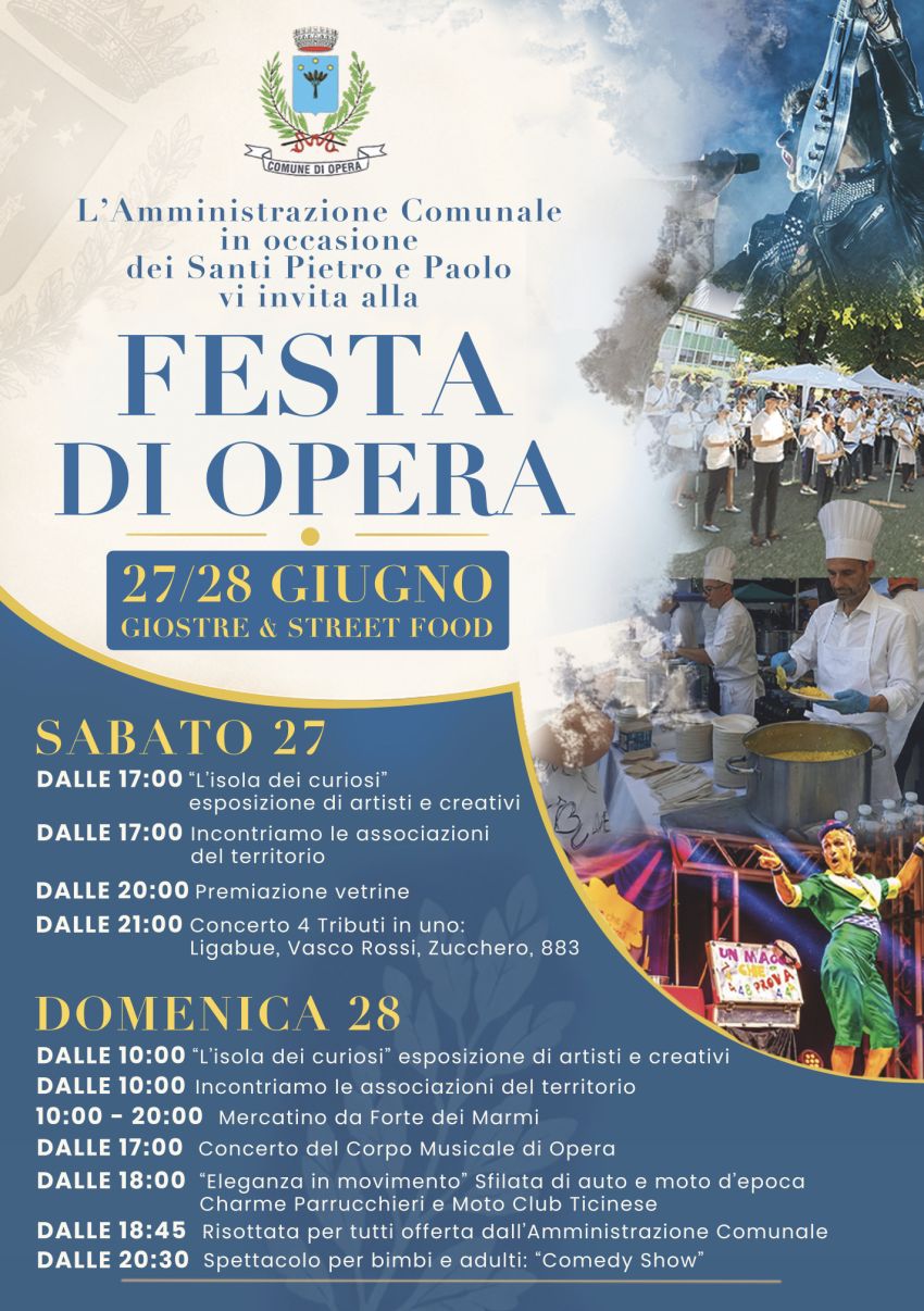 LA FESTA DI OPERA - 27 e 28 giugno 2926 - piazza XXV aprile, Opera (MI) - Il Comune di Opera organizza, sabato 27 e domenica 28 giugno 2026, in Piazza XXV Aprile, la FESTA DI OPERA, un weekend all'insegna della condivisione,...