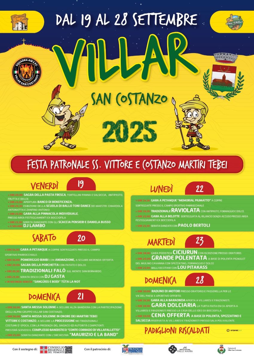 Festa Patronale Villar San Costanzo 2025 - Sp150 1, 12020 Villar San Costanzo, Villar San Costanzo (CN) - La festa patronale di Villar è il cuore del nostro paese: giorni di sorrisi, amicizia e tradizione che ci uniscono e ci fanno sentire ancora più comun...