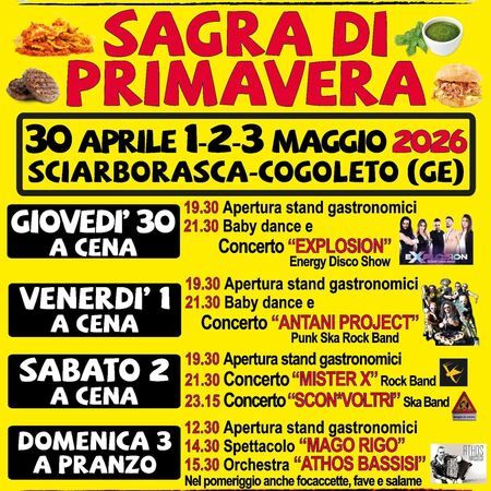 Sagra di Primavera - Centro citta', Cogoleto (GE) - 🍖 🍝 𝗦𝗔𝗚𝗥𝗔 𝗗𝗜 𝗣𝗥𝗜𝗠𝗔𝗩𝗘𝗥𝗔 💃 🕺
A #Sciarborasca nel comune di Cogoleto (Ge), torna la prima #sagra dell'anno organizzata dalla nostra associazione e l...