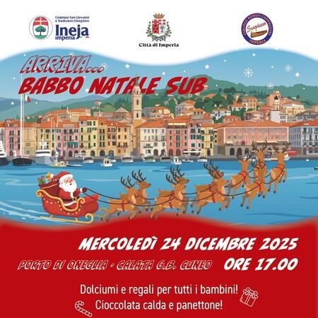 ARRIVA...BABBO NATALE SUB - PORTO DI ONEGLIA - CALATA G.B. CUNEO, Imperia (IM) - ARRIVA...BABBO NATALE SUB
MERCOLEDÌ 24 DICEMBRE 2025
PORTO DI ONEGLIA - CALATA G.B. CUNEO
ORE 17.00
Dolciumi e regali per tutti i bambini!
Ciocco...