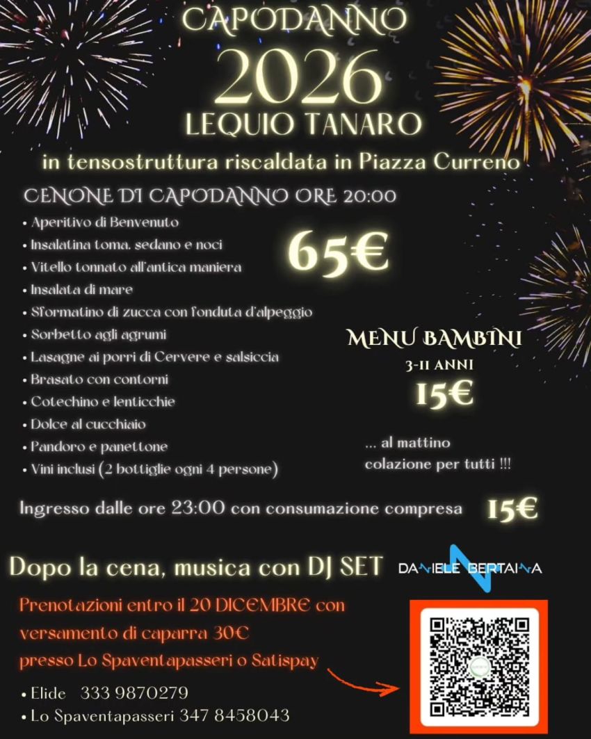 CAPODANNO 2026 a LequioTanaro - piazza Curreno, Lequio Tanaro (CN) - 🎉 CAPODANNO 2026 – LEQUIO TANARO 🎉Festeggia l’arrivo del nuovo anno nella tensostruttura riscaldata di Piazza Curreno!Un cenone indimenticabile, mus...