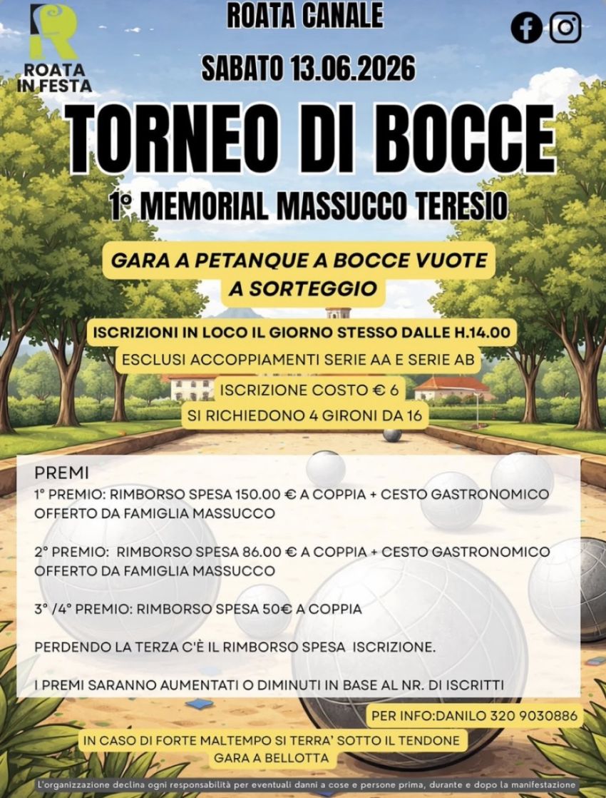1^ Torneo bocce a sorteggio Roata Canale - Via monea oltregesso, Cuneo (CN) - NOVITÀ’ ROATA IN FERMENTO 5.0🔥E con grande piacere che comunichiamo il primo TORNEO BOCCE A SORTEGGIO 😎
Iscrizioni in loco il 13/6 dalle 14
Iscrizio...