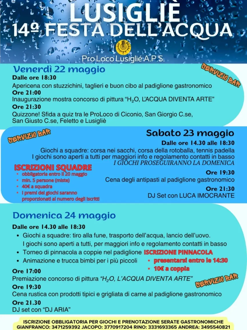 14a FESTA DELL'ACQUA - Piazza Don Gillone, Lusigliè (TO) - 💧 𝟏𝟒ª 𝐅𝐄𝐒𝐓𝐀 𝐃𝐄𝐋𝐋’𝐀𝐂𝐐𝐔𝐀 – 𝐋𝐔𝐒𝐈𝐆𝐋𝐈𝐄̀ 💧📅 𝟐𝟐 – 𝟐𝟑 – 𝟐𝟒 𝐌𝐀𝐆𝐆𝐈𝐎𝟑 𝐠𝐢𝐨𝐫𝐧𝐢 𝐝𝐢 𝐟𝐞𝐬𝐭𝐚 𝐭𝐫𝐚 𝐠𝐢𝐨𝐜𝐡𝐢, 𝐦𝐮𝐬𝐢𝐜𝐚 𝐞 𝐛𝐮𝐨𝐧 𝐜𝐢𝐛𝐨! 🍻🔥🏃‍♂️ 𝐆𝐢𝐨𝐜𝐡𝐢 𝐚 𝐬𝐪𝐮𝐚𝐝𝐫𝐞 (𝐚𝐩𝐞𝐫𝐭𝐢 𝐚 𝐭𝐮𝐭...