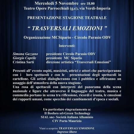 PRESENTAZIONE STAGIONE TEATRALE - OPERE PARROCCHIALI VIA VERDI, Imperia (IM) - Presenti all’evento ospiti, musicisti, attrici e attori che parteciperanno con i loro spettacoli e con presentazioni in video degli spettacoli in cart...
